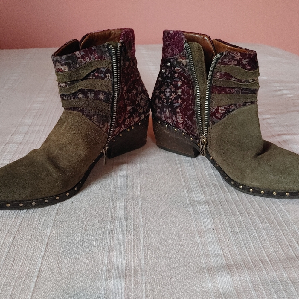 A.S.98 Women's Olive Suede Ankle Boots with Floral Accent - Picture 3 of 6